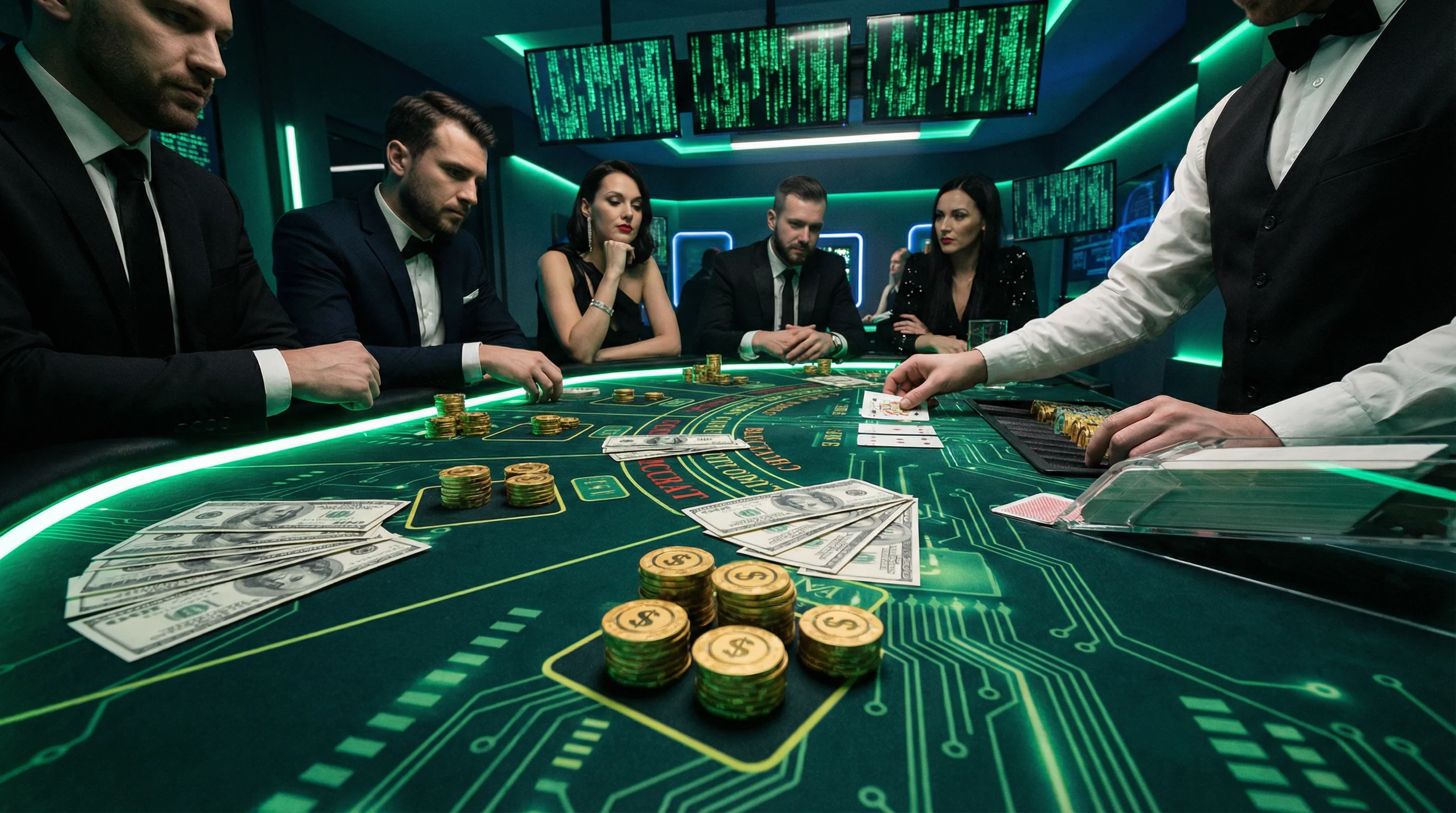 Mesa de bacará elegante con cartas y fichas doradas en Betfair Sportsbook México