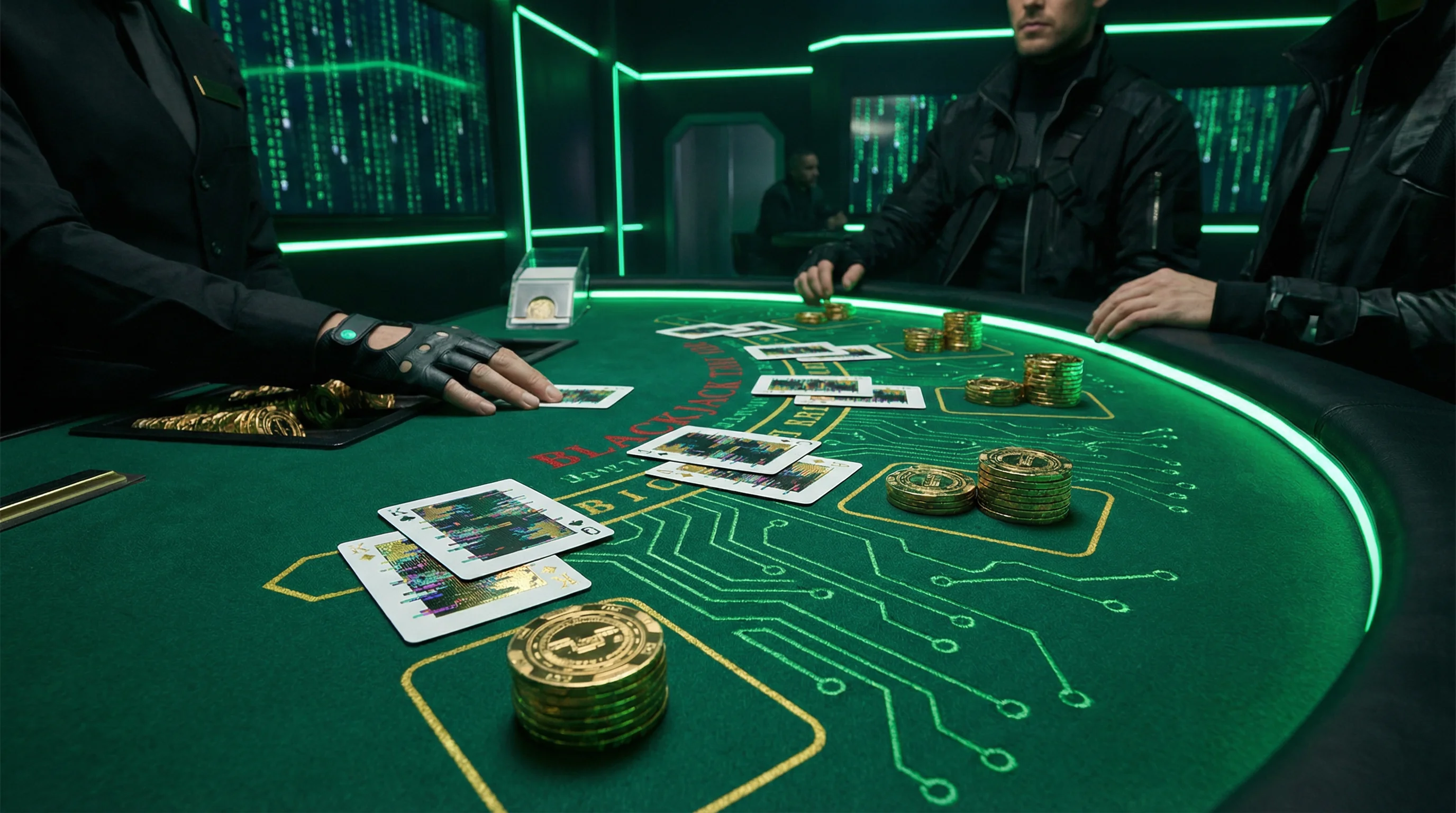 Mesa de blackjack profesional con cartas y fichas en Betfair Sportsbook México